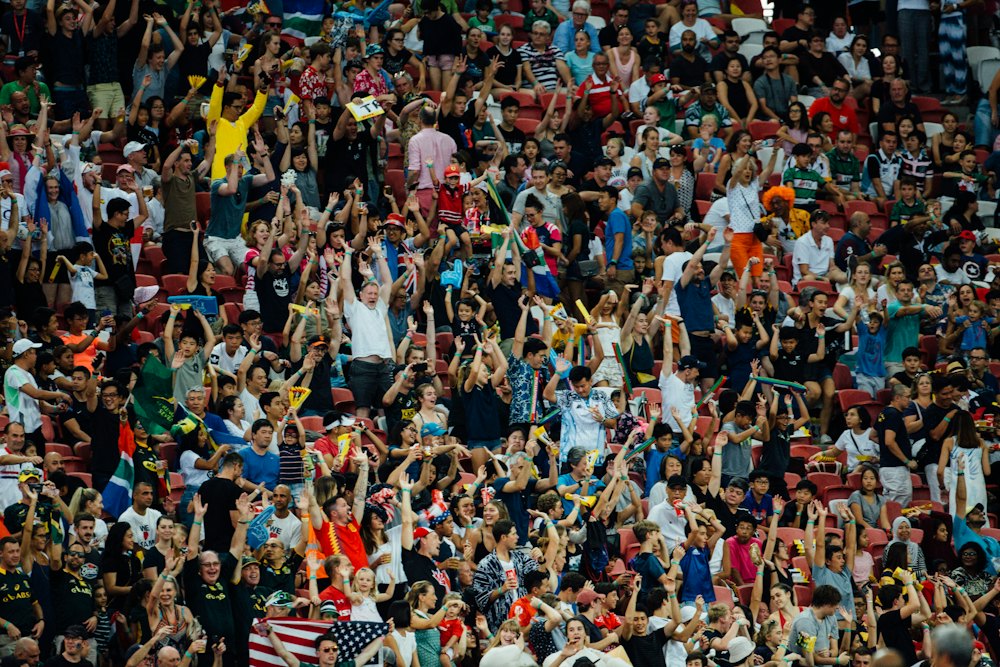 Fans cheering in a stadium